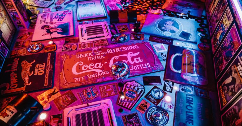Colorful retro signage and vintage Americana decor in a captivating artistic layout with vibrant lighting.