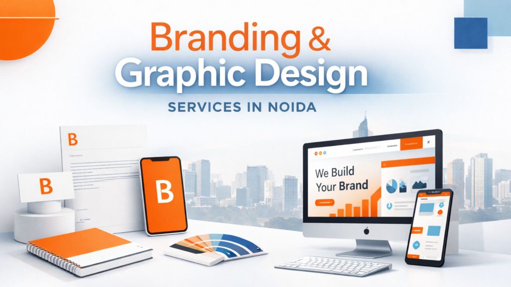Branding and Graphic Design Services in Noida showcasing logo design, website mockup, and marketing creatives in a minimalist professional layout